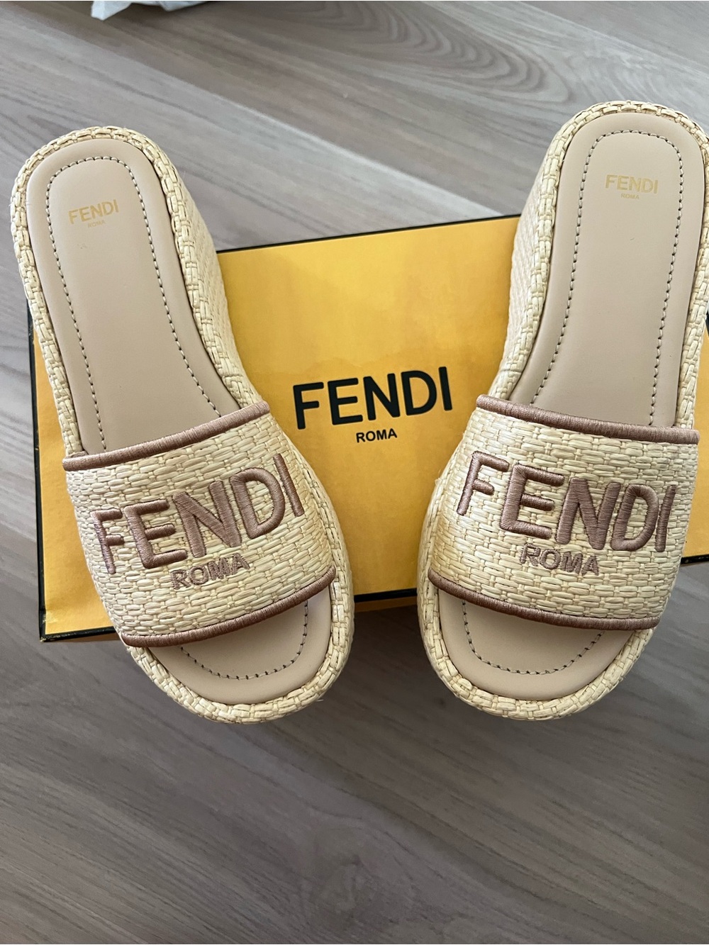 Fendi Natural Raffia Slide Sandals with Embroidered Logo